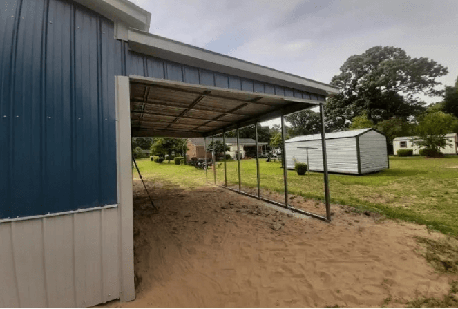 side view of Bule metal shed